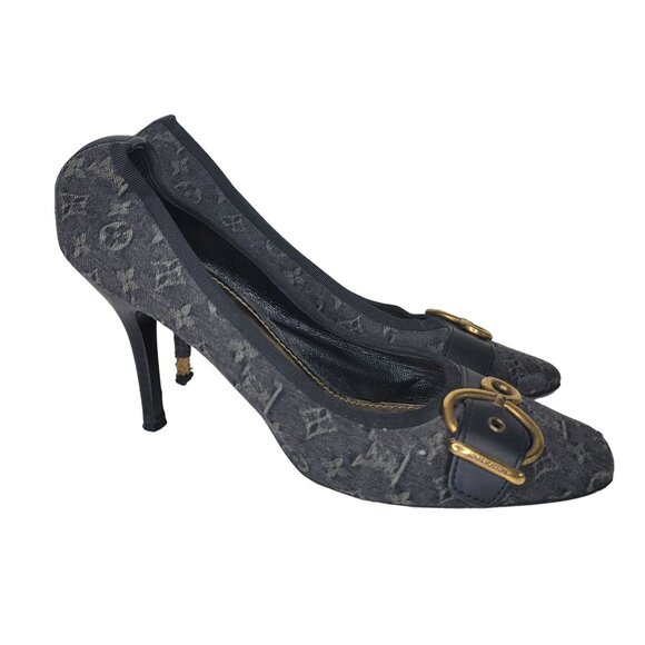 Louis Vuitton Monogram Buckle Heels Black & Gold Size 39.5 EU Leather & Canvas - Picture 1 of 11